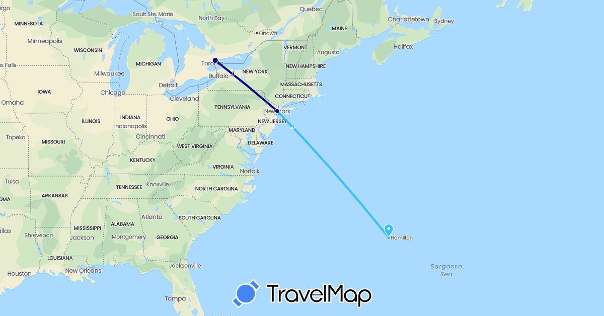 TravelMap itinerary: driving, boat in Bermuda, Canada, United States (North America)
